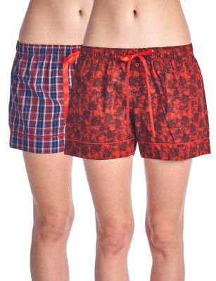 Casual Nights Women's 2 Pack Cotton Woven Lounge Boxer Shorts - Rose/ Plaid 35 -  Sleep and Lounge with these Women's 2 Pack Woven Knicker Shorts from Casual Nights made from a lightweight soft 100% cotton fabric that feels exceptionally comfortable and smooth against the skin. These pajama boxer shorts features: elastic waist, contrast drawstring and buttons, Measures approx. 4.5" inseam and 10" rise. This economical 2-pack is a smart investment for any woman's Intimates & sleepwear collection. Choose the one you love most and Mix N Match with your favorite top! 