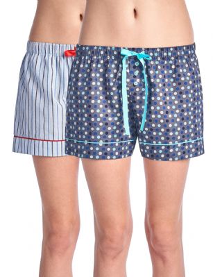 Casual Nights Women's 2 Pack Cotton Woven Lounge Boxer Shorts - Large Dots/ Stripe 33 -  Sleep and Lounge with these Women's 2 Pack Woven Knicker Shorts from Casual Nights made from a lightweight soft 100% cotton fabric that feels exceptionally comfortable and smooth against the skin. These pajama boxer shorts features: elastic waist, contrast drawstring and buttons, Measures approx. 4.5" inseam and 10" rise. This economical 2-pack is a smart investment for any woman's Intimates & sleepwear collection. Choose the one you love most and Mix N Match with your favorite top! 