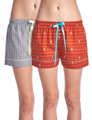 Casual Nights Women's 2 Pack Cotton Woven Lounge Boxer Shorts - Cow Skull Fair Isle/Stripe 48 -  Sleep and Lounge with these Women's 2 Pack Woven Knicker Shorts from Casual Nights made from a lightweight soft 100% cotton fabric that feels exceptionally comfortable and smooth against the skin. These pajama boxer shorts features: elastic waist, contrast drawstring and buttons, Measures approx. 4.5" inseam and 10" rise. This economical 2-pack is a smart investment for any woman's Intimates & sleepwear collection. Choose the one you love most and Mix N Match with your favorite top! 