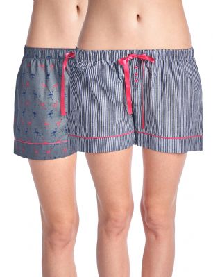 Casual Nights Women's 2 Pack Cotton Woven Lounge Boxer Shorts - Flamingo/ Stripe 21 -  Sleep and Lounge with these Women's 2 Pack Woven Knicker Shorts from Casual Nights made from a lightweight soft 100% cotton fabric that feels exceptionally comfortable and smooth against the skin. These pajama boxer shorts features: elastic waist, contrast drawstring and buttons, Measures approx. 4.5" inseam and 10" rise. This economical 2-pack is a smart investment for any woman's Intimates & sleepwear collection. Choose the one you love most and Mix N Match with your favorite top! 