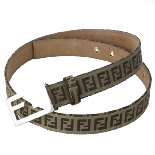 Fendi 8C0130/7C0130 Zucchino Leather Belt- Tan/Brown - The Fendi 7C0130/8C0130 Zucchino Leather Bellt is a stylish belt with dark-brown signature Zucchino (Small double "Fs") monogram presented on beige jacquard fabric. It featuresgold-toned buckle, interior suede leather and is available in different sizes. It also includes a Fendi dust bag as well as an original Fendi bag ans is Made in Italy. 