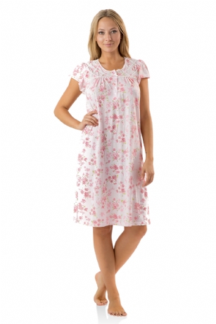 Casual Nights Women's Flowery Short Sleeve Nightgown - Pink - Hit the sack in total comfort with this Soft and lightweight cotton blend Nightgown From Casual Nights in a fun Floral pattern in a fun floral pattern. Nightshirt features: 5 Button closure, round neck, short sleeves, detailed with lace and ribbon for an extra feminine touch. Approximately 40" from shoulder to hem. A comfortable fit perfect for sleeping or lounging around.