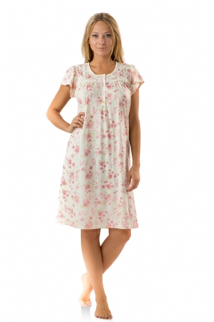 Casual Nights Women's Flowery Short Sleeve Nightgown - Off White - Hit the sack in total comfort with this Soft and lightweight cotton blend Nightgown From Casual Nights in a fun Floral pattern in a fun floral pattern. Nightshirt features: 5 Button closure, round neck, short sleeves, detailed with lace and ribbon for an extra feminine touch. Approximately 40" from shoulder to hem. A comfortable fit perfect for sleeping or lounging around.