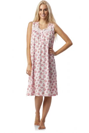 Casual Nights Women's Floral Embroidered Sleeveless Nightgown - Pink - Hit the sack in total comfort with this Soft and lightweight Knit Nightgown in a fun floral pattern. Nightshirt features: 5 Button closure, round neck, short sleeves, detailed with lace and ribbon for an extra feminine touch. Approximately 40" from shoulder to hem. A comfortable fit perfect for sleeping or lounging around.