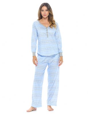 Casual Nights Women's Jersey Knit Long-Sleeve Pajama Set - Blue - Please use this size chart to determine which size will fit you best, if your measurements fall between two sizes we recommend ordering a larger size as most people prefer their sleepwear a little looser. Medium: Measures US Size 4-6, Chests/Bust 34-35" Large: Measures US Size 8-10, Chests/Bust 36-37" X-Large: Measures US Size 12-14, Chests/Bust 38-40" XX-Large: Measures US Size 16-18, Chests/Bust 41-43" 3X-Large: Measures US Size 18-20, Chests/Bust 44-46" This PJs Set for ladies from the Casual Nights Loungewear and Sleepwear Collection Designed in Adorable and fun screen prints & patterns. Sleep shirt and pants is made from ultra-soft 55% Cotton 45% Polyester. It'll keep you cool and comfortable during the summer days yet stylish at the same time. Pajama top features long sleeve with v-neckline and 4 button closure. Pants has elasticized waist and drawstring bow tie closure for added comfort and easy pull on, approx 28" inseam. This Two-piece comfort sleepwear PJ set is perfect for sleeping or lounging around the House. Soft to touch feels great against skin, you will not want to get them off! Makes a thoughtful gift for girl pajama party, teen birthdays, Mother's Day, Christmas holiday and any other special occasions!