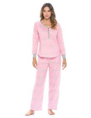 Casual Nights Women's Jersey Knit Long-Sleeve Pajama Set - Pink - Please use this size chart to determine which size will fit you best, if your measurements fall between two sizes we recommend ordering a larger size as most people prefer their sleepwear a little looser. Medium: Measures US Size 4-6, Chests/Bust 34-35" Large: Measures US Size 8-10, Chests/Bust 36-37" X-Large: Measures US Size 12-14, Chests/Bust 38-40" XX-Large: Measures US Size 16-18, Chests/Bust 41-43" 3X-Large: Measures US Size 18-20, Chests/Bust 44-46" This PJs Set for ladies from the Casual Nights Loungewear and Sleepwear Collection Designed in Adorable and fun screen prints & patterns. Sleep shirt and pants is made from ultra-soft 55% Cotton 45% Polyester. It'll keep you cool and comfortable during the summer days yet stylish at the same time. Pajama top features long sleeve with v-neckline and 4 button closure. Pants has elasticized waist and drawstring bow tie closure for added comfort and easy pull on, approx 28" inseam. This Two-piece comfort sleepwear PJ set is perfect for sleeping or lounging around the House. Soft to touch feels great against skin, you will not want to get them off! Makes a thoughtful gift for girl pajama party, teen birthdays, Mother's Day, Christmas holiday and any other special occasions!