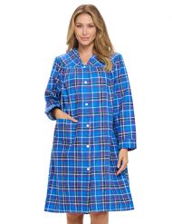 Casual Nights Women's Floral Snap Front Flannel Duster Long Sleeve Lounger Dress - Blue/Black Plaid