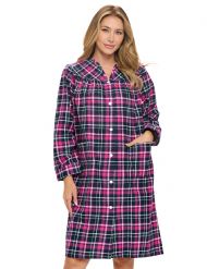 Casual Nights Women's Floral Snap Front Flannel Duster Long Sleeve Lounger Dress - Pink/Black Plaid