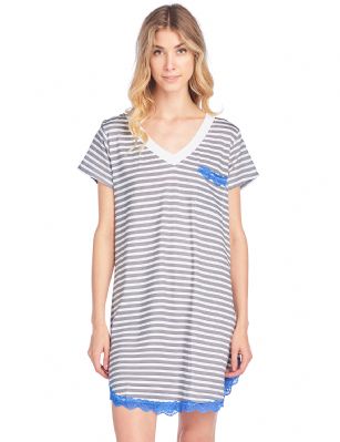 Casual Nights Women's Rayon Short Sleeve Stripe Dorm Sleepwear Nightshirt - White Grey - Please use our size chart to determine which size will fit you best, if your measurements fall between two sizes we recommend ordering a larger size as most people prefer their sleepwear a little looser. Medium: Measures US Size 2-4, Chests/Bust 32"-34"Large: Measures US Size 6-8, Chests/Bust 35-36"X-Large: Measures US Size 10-12, Chests/Bust 37-38"XX-Large: Measures US Size 14-16, Chests/Bust 39-40"TYou'll love slipping into This Short Sleeve Nightgown Shirt from Casual Nights thats made of a breathable soft Rayon spanx fabric which feels great to touch and even greater to wear. Sleep nightshirt features; fun prints and patterns, V-neck, cap sleeves, mid thigh length measures Approx. 34" inches from shoulder to hem. rounded hem with lace trim for th extra fancy feminine touch. Wear it alone or with pajama shorts or pants. Excellent gift idea for any occasion. 