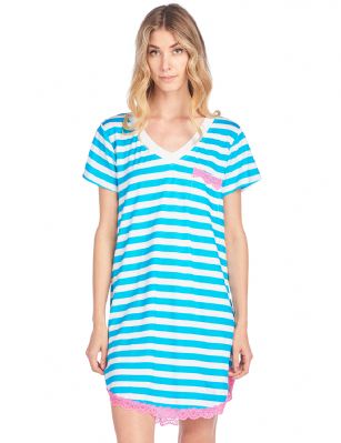 Casual Nights Women's Rayon Short Sleeve Stripe Dorm Sleepwear Nightshirt - White Turquoise - Please use our size chart to determine which size will fit you best, if your measurements fall between two sizes we recommend ordering a larger size as most people prefer their sleepwear a little looser. Medium: Measures US Size 2-4, Chests/Bust 32"-34"Large: Measures US Size 6-8, Chests/Bust 35-36"X-Large: Measures US Size 10-12, Chests/Bust 37-38"XX-Large: Measures US Size 14-16, Chests/Bust 39-40"TYou'll love slipping into This Short Sleeve Nightgown Shirt from Casual Nights thats made of a breathable soft Rayon spanx fabric which feels great to touch and even greater to wear. Sleep nightshirt features; fun prints and patterns, V-neck, cap sleeves, mid thigh length measures Approx. 34" inches from shoulder to hem. rounded hem with lace trim for th extra fancy feminine touch. Wear it alone or with pajama shorts or pants. Excellent gift idea for any occasion. 