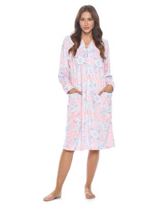 Casual Nights Women's Zip Up Robe Housecoat, Velour Duster Lounger Dress with Pockets - Pink - Lounge at ease & comfort in this Casual Nights Cozy Velour Lounger House Dress for Women, designed with a comfortable loose fit style. The Duster Gown features: Long sleeves. V neck with stitching detail. Easy zipper front closure making it very easy to put on and take off unlike snap front closure. 2 Large handy patch pockets. Waltz knee length, Length Measures approx. 42 inches. The Casual Nights Modest Lounge robe, is made with durable ultra-soft 100% Poly fabric, designed to give you that soft and warm touch that feels great against skin. This Ladies house gown Is the perfect choice for new moms lounging around the house in comfort using it as a cover up, in rehab, hospital robe for moms to be or surgery recovery. Makes an Excellent Holiday Gift idea for any special women in your life, Grab a Pink duster for mom, a purple for grandma for any special occasions such as; Mothers Day, Christmas, Thanksgiving Holiday, or Birthdays! She will sure love it!!This Casual Nights Dusters Make the Best:  ✓ Mumu Dresses for Women  ✓ Zip up nightgowns  ✓ Hospital gowns for women (post-surgery or for rehab)  ✓ Housecoats for cleaning  ✓ Nightwear for sleeping  With so many great ways to wear, what will you use your snap duster for? Please use our size chart to determine which size will fit you best!