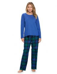 Casual Nights Women's Jersey Knit Long-Sleeve Top and Soft Flannel Bottom Pajama Set - Blackwatch Plaid