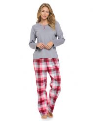 Casual Nights Women's Jersey Knit Long-Sleeve Top and Soft Flannel Bottom Pajama Set - Burgundy Plaid