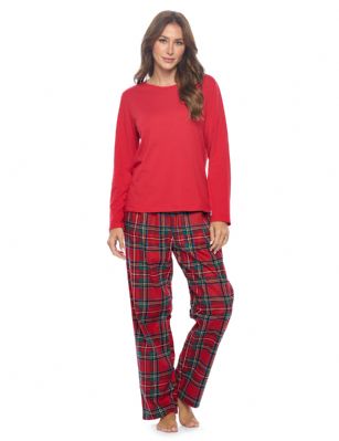 Casual Nights Women's Jersey Knit Long-Sleeve Top and Soft Flannel Bottom Pajama Set - Red Stewart Plaid - Please use this size chart to determine which size will fit you best, if your measurements fall between two sizes we recommend ordering a larger size as most people prefer their sleepwear a little looser. Medium: Measures US Size 68, Chests/Bust 35-36" Large: Measures US Size 10-12, Chests/Bust 37-38" X-Large: Measures US Size 12-14, Chests/Bust 38.5-41" XX-Large: Measures US Size 16-18, Chests/Bust 41.5-44" This Knit Top & Flannel PJs Set for ladies from the Casual Nights Loungewear and Sleepwear Collection Designed in Classic Plaids & Checked patterns. Sleep Tee shirt is made from ultra-soft 55% Cotton 45% Polyester. While the Sleep Pants is made of 100% Flannel material. It'll keep you warm and comfortable during the cold winter days yet stylish at the same time. Features a Long sleeve pull over Crew Neckline with satin bow-tie at neck, Coordinating FlannelPajama pant features; Elasticized waist and drawstring bow tie closure for added comfort and easy pull on, approx 29-30" inseam. This Two-piece comfort sleepwear PJ set is perfect for sleeping or lounging around the House. Soft to touch feels great against skin, you will not want to get them off! Makes a thoughtful gift for girl pajama party, teen birthdays, Mother's Day, Christmas holiday and any other special occasions!.
