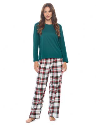 Casual Nights Women's Jersey Knit Long-Sleeve Top and Soft Flannel Bottom Pajama Set - White Stewart Plaid - Please use this size chart to determine which size will fit you best, if your measurements fall between two sizes we recommend ordering a larger size as most people prefer their sleepwear a little looser. Medium: Measures US Size 68, Chests/Bust 35-36" Large: Measures US Size 10-12, Chests/Bust 37-38" X-Large: Measures US Size 12-14, Chests/Bust 38.5-41" XX-Large: Measures US Size 16-18, Chests/Bust 41.5-44" This Knit Top & Flannel PJs Set for ladies from the Casual Nights Loungewear and Sleepwear Collection Designed in Classic Plaids & Checked patterns. Sleep Tee shirt is made from ultra-soft 55% Cotton 45% Polyester. While the Sleep Pants is made of 100% Flannel material. It'll keep you warm and comfortable during the cold winter days yet stylish at the same time. Features a Long sleeve pull over Crew Neckline with satin bow-tie at neck, Coordinating FlannelPajama pant features; Elasticized waist and drawstring bow tie closure for added comfort and easy pull on, approx 29-30" inseam. This Two-piece comfort sleepwear PJ set is perfect for sleeping or lounging around the House. Soft to touch feels great against skin, you will not want to get them off! Makes a thoughtful gift for girl pajama party, teen birthdays, Mother's Day, Christmas holiday and any other special occasions!.