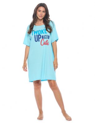 Casual Nights Short Sleeve Nightgowns for Women - Soft Cotton Blend Sleep Shirts - Oversized One Size Long Night Shirts -  Aqua I Woke Up Cute - Get a good night's sleep in soft, breathable and gloriously comfy Cotton Nightshirts for Women with Casual Nights!Casual 21 has been providing contemporary fashion lovers with a great selection of Casual Clothing and Accessories at greatly discounted prices for 10 years. Our Selection includes a wide range of Casual Clothing and accessories which includes; Sportswear, Underwear, Nightwear, Swimwear, Socks, Caps, Handbags, wallets, shoes and scarves. Casual 21 is known for its excellent customer service with a customer base of thousands of happy customers. We offer a unique shopping experience with a personal touch.Why you should add our women's sleep shirt to your wardrobe...Lightweight and Airy:breathable cotton makes for comfortable all-season wearPremium Quality: reinforced stitching, perfectly lined hems and high-quality printing that won't fade prematurelyEasy Care: machine washable for a hassle-free cleanVariety of Designs: choose from a wide range of colors and prints to suit all tastesRelaxed Fit: a purposefully oversized fit provides next-level comfort and styleOur ladies nightgowns are flattering pieces that every woman should own in her top drawer. These oversized pajama shirts for women are adorned with a multitude of eye-catching patterns to accommodate every woman and to make every evening wind down and undisturbed slumber that extra special. They're so comfy and non-irritating on the skin, you'll be wishing your days away thinking about cozying up at home in your super soft nightwear. To make uncomfortable sweaty nights a thing of the past, just slip on the simple pullover style for instant comfort and relaxation.