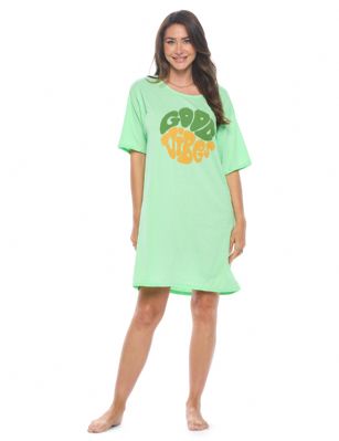 Casual Nights Short Sleeve Nightgowns for Women - Soft Cotton Blend Sleep Shirts - Oversized One Size Long Night Shirts -  Green Good Vibes - Get a good night's sleep in soft, breathable and gloriously comfy Cotton Nightshirts for Women with Casual Nights!Casual 21 has been providing contemporary fashion lovers with a great selection of Casual Clothing and Accessories at greatly discounted prices for 10 years. Our Selection includes a wide range of Casual Clothing and accessories which includes; Sportswear, Underwear, Nightwear, Swimwear, Socks, Caps, Handbags, wallets, shoes and scarves. Casual 21 is known for its excellent customer service with a customer base of thousands of happy customers. We offer a unique shopping experience with a personal touch.Why you should add our women's sleep shirt to your wardrobe...Lightweight and Airy:breathable cotton makes for comfortable all-season wearPremium Quality: reinforced stitching, perfectly lined hems and high-quality printing that won't fade prematurelyEasy Care: machine washable for a hassle-free cleanVariety of Designs: choose from a wide range of colors and prints to suit all tastesRelaxed Fit: a purposefully oversized fit provides next-level comfort and styleOur ladies nightgowns are flattering pieces that every woman should own in her top drawer. These oversized pajama shirts for women are adorned with a multitude of eye-catching patterns to accommodate every woman and to make every evening wind down and undisturbed slumber that extra special. They're so comfy and non-irritating on the skin, you'll be wishing your days away thinking about cozying up at home in your super soft nightwear. To make uncomfortable sweaty nights a thing of the past, just slip on the simple pullover style for instant comfort and relaxation.