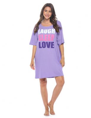 Casual Nights Short Sleeve Nightgowns for Women - Soft Cotton Blend Sleep Shirts - Oversized One Size Long Night Shirts -  Lavender Laugh Sleep Love - Get a good night's sleep in soft, breathable and gloriously comfy Cotton Nightshirts for Women with Casual Nights!Casual 21 has been providing contemporary fashion lovers with a great selection of Casual Clothing and Accessories at greatly discounted prices for 10 years. Our Selection includes a wide range of Casual Clothing and accessories which includes; Sportswear, Underwear, Nightwear, Swimwear, Socks, Caps, Handbags, wallets, shoes and scarves. Casual 21 is known for its excellent customer service with a customer base of thousands of happy customers. We offer a unique shopping experience with a personal touch.Why you should add our women's sleep shirt to your wardrobe...Lightweight and Airy:breathable cotton makes for comfortable all-season wearPremium Quality: reinforced stitching, perfectly lined hems and high-quality printing that won't fade prematurelyEasy Care: machine washable for a hassle-free cleanVariety of Designs: choose from a wide range of colors and prints to suit all tastesRelaxed Fit: a purposefully oversized fit provides next-level comfort and styleOur ladies nightgowns are flattering pieces that every woman should own in her top drawer. These oversized pajama shirts for women are adorned with a multitude of eye-catching patterns to accommodate every woman and to make every evening wind down and undisturbed slumber that extra special. They're so comfy and non-irritating on the skin, you'll be wishing your days away thinking about cozying up at home in your super soft nightwear. To make uncomfortable sweaty nights a thing of the past, just slip on the simple pullover style for instant comfort and relaxation.