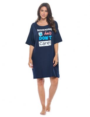 Casual Nights Short Sleeve Nightgowns for Women - Soft Cotton Blend Sleep Shirts - Oversized One Size Long Night Shirts -  Navy - Morning Don't Care - Get a good night's sleep in soft, breathable and gloriously comfy Cotton Nightshirts for Women with Casual Nights!Casual 21 has been providing contemporary fashion lovers with a great selection of Casual Clothing and Accessories at greatly discounted prices for 10 years. Our Selection includes a wide range of Casual Clothing and accessories which includes; Sportswear, Underwear, Nightwear, Swimwear, Socks, Caps, Handbags, wallets, shoes and scarves. Casual 21 is known for its excellent customer service with a customer base of thousands of happy customers. We offer a unique shopping experience with a personal touch.Why you should add our women's sleep shirt to your wardrobe...Lightweight and Airy:breathable cotton makes for comfortable all-season wearPremium Quality: reinforced stitching, perfectly lined hems and high-quality printing that won't fade prematurelyEasy Care: machine washable for a hassle-free cleanVariety of Designs: choose from a wide range of colors and prints to suit all tastesRelaxed Fit: a purposefully oversized fit provides next-level comfort and styleOur ladies nightgowns are flattering pieces that every woman should own in her top drawer. These oversized pajama shirts for women are adorned with a multitude of eye-catching patterns to accommodate every woman and to make every evening wind down and undisturbed slumber that extra special. They're so comfy and non-irritating on the skin, you'll be wishing your days away thinking about cozying up at home in your super soft nightwear. To make uncomfortable sweaty nights a thing of the past, just slip on the simple pullover style for instant comfort and relaxation.