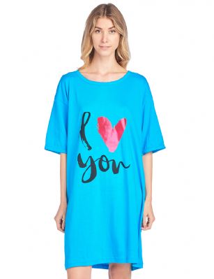 Casual Nights Women's Short Sleeve Printed Dorm Sleep Tee -  Aqua - Hit the sack in total comfort, this shirt is designed with comfort in mind. Flirty knee-length, Fun Screen Print and Comfortable Loose fit makes it a flattering piece that every woman should own in her top drawer.