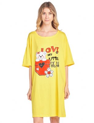 Casual Nights Women's Short Sleeve Printed Dorm Sleep Tee - Yellow - Hit the sack in total comfort, this shirt is designed with comfort in mind. Flirty knee-length, Fun Screen Print and Comfortable Loose fit makes it a flattering piece that every woman should own in her top drawer.