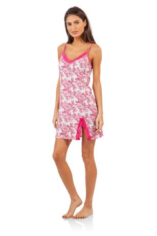 Casual Nights Women's Sleepwear Lace Trim Slip Camisole Nightie - Pink Floral - This Women's Fancy Lace Trim Chemise Nightshirt is made out of lightweight soft 55% Cotton/ 40% Polyester/ 5% Spandex fabric. Featuring; lace trim applique, Side slit with lace, adjustable spaghetti straps, mid thigh length approx. 29" inches excluding straps. Wear it alone or with a pajama shorts or pants. Excellent gift idea for any occasion.