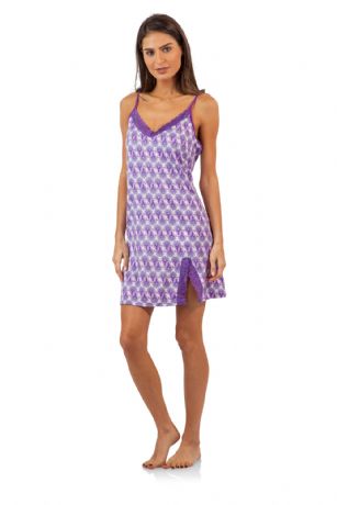 Casual Nights Women's Sleepwear Lace Trim Slip Camisole Nightie - Purple Paisley - This Women's Fancy Lace Trim Chemise Nightshirt is made out of lightweight soft 55% Cotton/ 40% Polyester/ 5% Spandex fabric. Featuring; lace trim applique, Side slit with lace, adjustable spaghetti straps, mid thigh length approx. 29" inches excluding straps. Wear it alone or with a pajama shorts or pants. Excellent gift idea for any occasion.