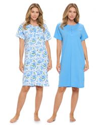 Casual Nights Women's Henley Nightshirts Set of 2, Floral Short Sleeve Nightgowns & Solid Sleepwear Shirt - Blue Floral