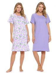 Casual Nights Women's Henley Nightshirts Set of 2, Floral Short Sleeve Nightgowns & Solid Sleepwear Shirt - Purple Floral