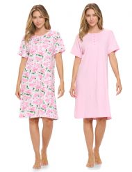 Casual Nights Women's Henley Nightshirts Set of 2, Floral Short Sleeve Nightgowns & Solid Sleepwear Shirt - Pink Floral