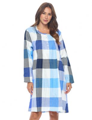 Casual Nights Women's Flannel Floral Long Sleeve Nightgown - Navy Plaid - Please use our size chart to determine which size will fit you best, if your measurements fall between two sizes we recommend ordering a larger size as most people prefer their sleepwear a little looser. Medium: Measures US Size 68, Chests/Bust 35-36" Large: Measures US Size 8-10, Chests/Bust 37-38" X-Large: Measures US Size 12-14, Chests/Bust 39-40" XX-Large: Measures US Size 16, Chests/Bust 41-42" 3X-Large: Measures US Size 18, Chests/Bust 42-44" Hit the sack in total comfort with this Soft and lightweight Cotton Flannel Nightgown, Features Round neck, Approximately 38" from shoulder to hem, long sleeves, 6 button closure, detailed with lace and Stitching for an extra feminine touch. A comfortable fit perfect for sleeping or lounging around. 