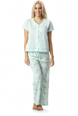 Casual Nights Women's Pointelle Short Sleeve Pajama Set - Green - Hit the sack in total comfort with these Soft and lightweight Pointelle Knit Pajamas Sleep Set in a fun Floral pattern. Short sleeve top features: V-neck neckline, button down closure, lace and satin ribbon trim with embroidered applique, Pajama pants with elasticized waist and drawstring for easy pull on and added comfort, approx. 30" inseam length. PJ's Set offers A comfortable straight fit perfect for sleeping or lounging around.