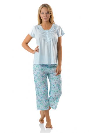 Casual Nights Women's Short Sleeve Floral Capri Pajama Set - Flower/Blue - Hit the sack in total comfort with these Soft and lightweight Knit Pajama Sleep Set in a fun Floral pattern Capri Length Pants with an elastic drawstring waist for comfort, Shirt Features Short Sleeves, 4 Button closure, Embroidery, lace Trimand flattering tucked details. A comfortable straight fit perfect for sleeping or lounging around.