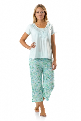 Casual Nights Women's Short Sleeve Floral Capri Pajama Set - Flower/Green - Hit the sack in total comfort with these Soft and lightweight Knit Pajama Sleep Set in a fun Floral pattern Capri Length Pants with an elastic drawstring waist for comfort, Shirt Features Short Sleeves, 4 Button closure, Embroidery, lace Trimand flattering tucked details. A comfortable straight fit perfect for sleeping or lounging around.