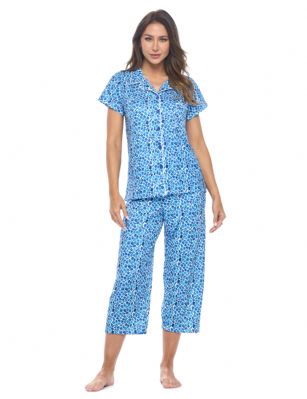 Casual Nights Women's Rayon Printed Short Sleeve Capri Pajama Set - Blue - Soft and lightweight Rayon Knit Pajamas in a fun prints and patterns, coziest pajamas you'll ever own. Features Button down closure with notch collar, matching easy pull on pajama pants with elastic waistband for added comfort, These pj's offer comfortable straight fit perfect for sleeping or curling up on the couch to watch a movie.Please use our size chart to determine which size will fit you best, if your measurements fall between two sizes we recommend ordering a larger size as most people prefer their sleepwear a little looser.Medium: Measures US Size 2-4, Chests/Bust 32"-34" Large: Measures US Size 4-6, Chests/Bust 34-35" X-Large: Measures US Size 8-10, Chests/Bust 35-36" XX-Large: Measures US Size 10-12, Chests/Bust 37"-38.5" 