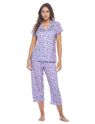 Casual Nights Women's Rayon Printed Short Sleeve Capri Pajama Set - Purple - Soft and lightweight Rayon Knit Pajamas in a fun prints and patterns, coziest pajamas you'll ever own. Features Button down closure with notch collar, matching easy pull on pajama pants with elastic waistband for added comfort, These pj's offer comfortable straight fit perfect for sleeping or curling up on the couch to watch a movie.Please use our size chart to determine which size will fit you best, if your measurements fall between two sizes we recommend ordering a larger size as most people prefer their sleepwear a little looser.Medium: Measures US Size 2-4, Chests/Bust 32"-34" Large: Measures US Size 4-6, Chests/Bust 34-35" X-Large: Measures US Size 8-10, Chests/Bust 35-36" XX-Large: Measures US Size 10-12, Chests/Bust 37"-38.5" 