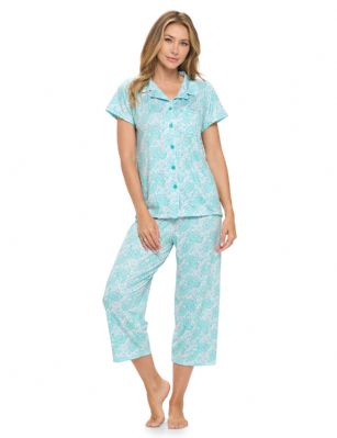 Casual Nights Women's Rayon Printed Short Sleeve Capri Pajama Set - Green Paisley - Soft and lightweight Rayon Knit Pajamas in a fun prints and patterns, coziest pajamas you'll ever own. Features Button down closure with notch collar, matching easy pull on pajama pants with elastic waistband for added comfort, These pj's offer comfortable straight fit perfect for sleeping or curling up on the couch to watch a movie.Please use our size chart to determine which size will fit you best, if your measurements fall between two sizes we recommend ordering a larger size as most people prefer their sleepwear a little looser.Medium: Measures US Size 2-4, Chests/Bust 32"-34" Large: Measures US Size 4-6, Chests/Bust 34-35" X-Large: Measures US Size 8-10, Chests/Bust 35-36" XX-Large: Measures US Size 10-12, Chests/Bust 37"-38.5" 