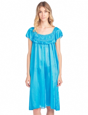 Casual Nights Women's Cap Sleeve Flower Silky Tricot Nightgown - Aqua - You'll love slipping into this gown designed in silky tricot satin fabric witha Sexy pattern, Flower and ruffle accent that lend a feminine flair. A Lightweight, flowing fabric that keeps your sleepwear comfortable and stylish.