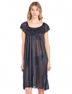 Casual Nights Women's Cap Sleeve Flower Silky Tricot Nightgown - Black - You'll love slipping into this gown designed in silky tricot satin fabric witha Sexy pattern, Flower and ruffle accent that lend a feminine flair. A Lightweight, flowing fabric that keeps your sleepwear comfortable and stylish.