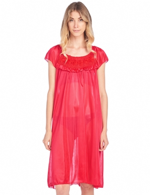 Casual Nights Women's Cap Sleeve Flower Silky Tricot Nightgown - Red - You'll love slipping into this gown designed in silky tricot satin fabric witha Sexy pattern, Flower and ruffle accent that lend a feminine flair. A Lightweight, flowing fabric that keeps your sleepwear comfortable and stylish.