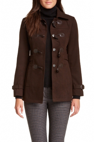 Vertigo Paris Toggle Front Coat - Coffee Bean - Tailored silhouette lends timeless style to this warmcoat, Features Front toggle closure with hidden snaps, Three-quarter length, Long sleeves with Belt detail.