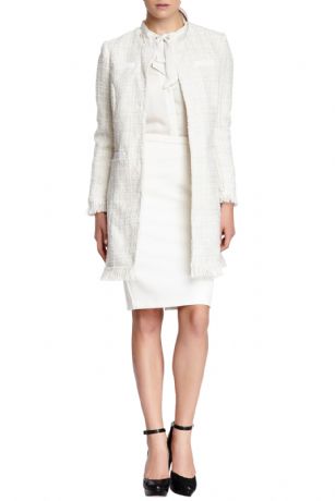 Vertigo Paris Tweed Fringe Boucle Coat - Ivory - Elegant silhouette lends timeless style to this warmcoat, Features Hook eye closures, 4 welt pockets, long sleeves and crew neck.