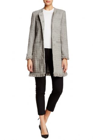 Vertigo Paris Tweed Fringe Boucle Coat - Stone - Elegant silhouette lends timeless style to this warmcoat, Features Hook eye closures, 4 welt pockets, long sleeves and crew neck.