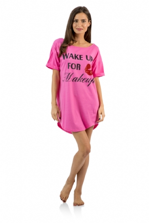 Casual Nights Women's "Wake Up For Makeup" Dorm Sleep Shirt - Pink - This Women's Goodnight Nightgown Shirt from Casual Nights is made of a breathable soft cotton poly fabric which feels great to touch and even greater to wear. This Sleep nightshirt features; fun Wake Up For Makeup front detail, scoop neck, short sleeves, shirt style hem, length measures Approx. 33" inches. Wear it alone or with pajama shorts or pants. You'll enjoy it while relaxing, as you curl up on the couch or enjoy some TV. 