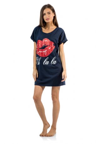 Casual Nights Women's "Oh La La" Dorm Sleep Shirt - Navy - This Women's Goodnight Nightgown Shirt from Casual Nights is made of a breathable soft cotton poly fabric which feels great to touch and even greater to wear. This Sleep nightshirt features; fun glittery lips oh la la front detail, Round neck, short sleeves, length measures Approx. 33" inches. Wear it alone or with pajama shorts or pants. You'll enjoy it while relaxing, as you curl up on the couch or enjoy some TV. 