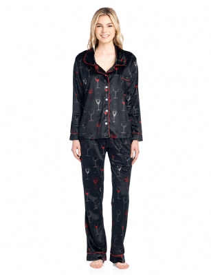 Ashford & Brooks Women's Minky Micro Fleece Button Up Pajama Set - Black/Wine - This Ashford & Brooks Women's Luxurious Long Sleeve Pajama Set is made out of durable ultra-soft 100% Polyester mink fleece fabric. It'll keep you cozy, warm, and comfortable during the cold winter days yet stylish at the same time. Pj's features; Notch collar Sleep Shirt with full button down closure, long sleeves, approx. 25.5" from shoulder to hem, chest slip pocket, printed patterns with contrast color piping. Pajama pants with elasticized waist for easy pull on and added comfort, side seam pockets, approx. 30" inseam 11" rise, contrast color trim and drawstring bow tie closure. This Two piece comfort sleepwear PJ set offers a roomy relaxed fit perfect for sleeping or lounging around. Soft to touch feels great against skin, you will not want to get them off! Comes in Beautifully Gift Wrapped packaging.