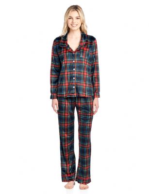 Ashford & Brooks Women's Minky Micro Fleece Button Up Pajama Set - Black Stewart - This Ashford & Brooks Women's Luxurious Long Sleeve Pajama Set is made out of durable ultra-soft 100% Polyester mink fleece fabric. It'll keep you cozy, warm, and comfortable during the cold winter days yet stylish at the same time. Pj's features; Notch collar Sleep Shirt with full button down closure, long sleeves, approx. 25.5" from shoulder to hem, chest slip pocket, printed patterns with contrast color piping. Pajama pants with elasticized waist for easy pull on and added comfort, side seam pockets, approx. 30" inseam 11" rise, contrast color trim and drawstring bow tie closure. This Two piece comfort sleepwear PJ set offers a roomy relaxed fit perfect for sleeping or lounging around. Soft to touch feels great against skin, you will not want to get them off! Comes in Beautifully Gift Wrapped packaging.