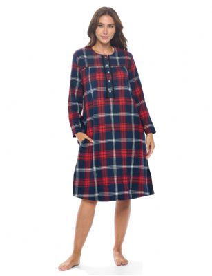 Ashford & Brooks Women's Flannel Plaid Long Sleeve Nightgown - Red Navy Plaid - Snuggle up in this Elegant Long Sleeve Vintage Classic Flannel Long Button-Down Nightgown Sleep Dress for Women, designed with a roomy relaxed fit making it very easy to put on and take off. The Modest Night Gown Sleep Dress features :Pullover long Sleep Shirt with easy 5 button-down top closure. Long Sleeves with cuffs to keep you warm. Round Neckline with Fancy Lace trim details. 2 Large side seam hand pocketsPleated top with Contrast piping classic finish. Ankle length, shoulder to hem Measures 50" - 53" inches. Easy Care Machine washable Nightgown. The Ashford & Brooks Luxurious Flannel Cotton Blend Fabric, Made with durable ultra-soft 55% Cotton /45% Polyester fabric, is designed to give you that soft and warm touch that feels great against skin, at the same time will Prevent excessive shrinkage, unlike 100% Cotton Flannel. This womens sleepwear sleep lounger house gown is perfect for sleeping, lounging around the House with comfort and style, or as a hospital gown and for surgery recovery. It'll keep you warm and comfortable during the cold winter days yet stylish at the same time. Makes a Excellent Holiday Gift Present Idea for any special women in your life, for any special occasions such as; Mothers Day, Christmas, or Birthdays. 