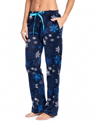 Ashford & Brooks Women's Plush Mink Fleece Pajama Sleep Pants - Navy Frozen Snowflake - These Womens Classic Micro Minky Fleece Pajama Bottoms Sleepwear Pants from Ashford & Brooks is made from a lightweight soft premium 100% Polyester fabric. Exceptionally lightweight Designed to keep you Cozy and warm during the cold winter days. Wear it as a layering piece, at home, lazy around the house or to sleep in comfort! The Pj bottom Pant features; Comfortable covered inner elastic waistband for a more custom fit with self-tie drawstring, two side seam pockets, approx. 30" Inseam length. A Loose and roomy relaxed fit to ensure maximum comfort and plenty of room to ease while lounging and sleeping, Fun cute prints and patterns. The perfect Nightwear Pjs Christmas holiday or birthday gift set for any special woman in your life and special friend you love. Check out our matching mens collection