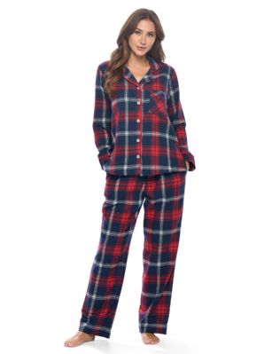 Ashford & Brooks Women's Flannel Plaid Pajamas Long Pj Set - Red Navy Plaid - This Ashford & Brooks Women's Luxurious Cozy Long Sleeve Classic Pajama Gift Set is made from durable ultra-soft 64% Cotton /36% Polyester fabric. Designed with a roomy relaxed fit. The Fabric blend is designed to give you that soft and warm touch, at the same time prevent excessive shrinkage unlike the 100% Cotton Flannel fabric. It'll keep you warm and comfortable during the cold winter days yet stylish at the same time. The Womens Pj's 2pc set features; Long Sleeve Notch Collar Sleep Shirt with full button-down closure, 1 chest slip pocket, Plaid patterns with piping. Pajama pants features; Elasticized waist and drawstring bow tie closure for easy pull on and added comfort, Flat front, side seam pockets, approx. 32 inseam. This Two-piece comfort sleepwear PJ set is perfect for sleeping or lounging around the House. Soft to touch feels great against skin, you will not want to get them off! Comes in Beautifully Gift-Wrapped packaging. 